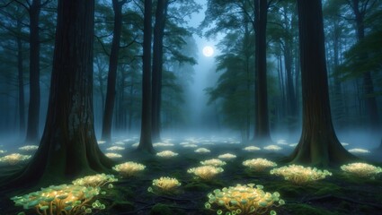 Obraz premium Glowing Mushroom in Misty Forest with Moon