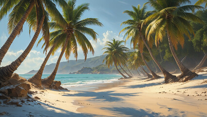 Obraz premium Coconut palm trees covering sandy beach on tropical island paradise