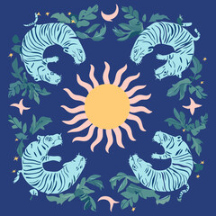 Celestial Circle: A whimsical illustration of four vibrant tigers encircling a radiant sun amidst lush foliage, forming a captivating celestial pattern.