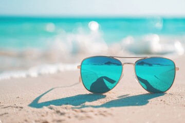 Beach day eyewear. Sunglasses reflect ocean view, resting on sandy shore