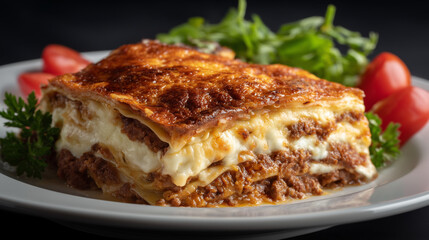 Lasagna with tomatoes and basil on a plate
