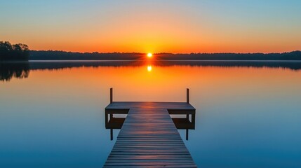Tranquil lake sunset with dock reflections in calm waters