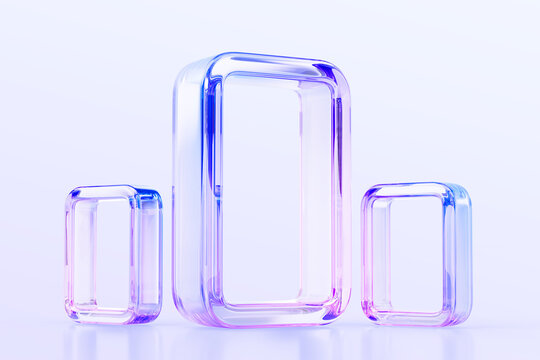 3d glass holographic transparent rectangle and square frames on abstract geometric background. Crystal outline figures with rainbow color effect, neon light blue pink gradient render. 3D illustration