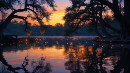 Sunset Lake Reflection with Trees and Lights