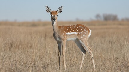 Naklejka premium Lone young axis deer portrait standing tall among withered foliage in a sun-drenched grassy plain against a muted sky evoking wildness and freedom