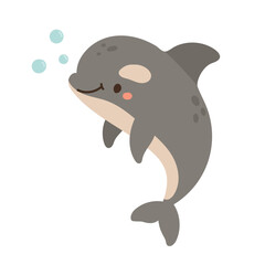 Adorable gray dolphin swimming with gentle bubbles, great for ocean life visuals, aquatic wildlife stories, and cute marine mammal illustrations.
