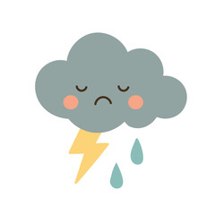 Sad thundercloud with lightning bolt and raindrops, designed for weather icons, gloomy mood graphics, storm alerts, and educational weather art.
