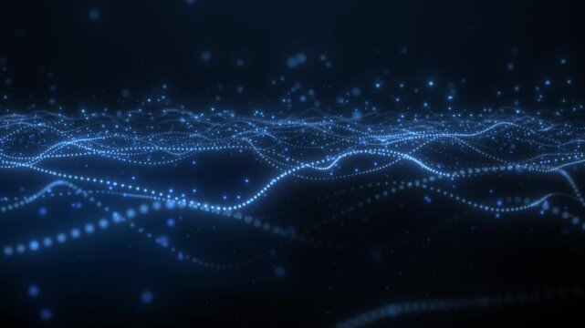 Abstract digital dynamic particle waves. Animation background. Light abstract background waves of particles. Abstract glowing digital cyber wave composed of particles and dots.  Big data visualization