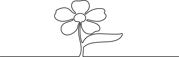 Poppy flowers in continuous line art drawing style. Doodle floral border with two flowers blooming among grass. Minimalist black linear design isolated on white background. Vector illustration Flower
