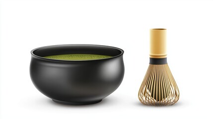 Matcha tea preparation, showcasing a black bowl and bamboo whisk.