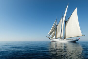 Sailboat glides on serene ocean waters beneath clear sky