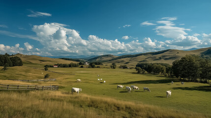 Cows grazing on wide green pasture, summer day with blue sky and clouds, rolling landscape, rural calmness