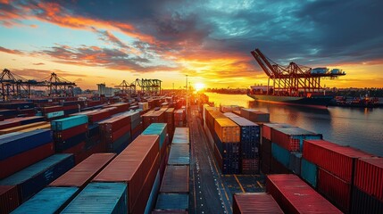 Cargo containers at port under dramatic sunset sky