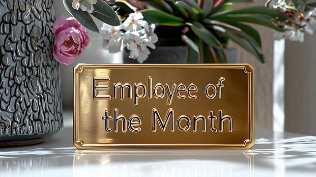Polished gold plaque honoring employee of the month.