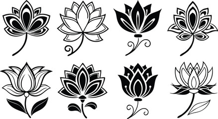 Black Lotus Flower Icons for Yoga and Wellness Design | Minimal Lotus Flower Silhouettes for Meditation Projects | Elegant Lotus Icon Set for Branding and Logos | Lotus Flower Clipart in Black