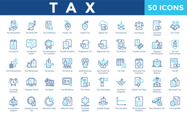 Tax icons set with tax declaration, tax write off, tax certificate, import tax, export tax, digital tax, tax amnesty, tax dispute, tax form checklist, tax treaty icon. Simple outline color vector 
