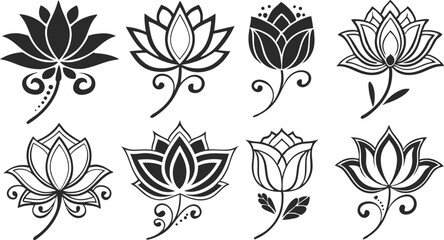 Black Lotus Flower Icons for Yoga and Wellness Design | Minimal Lotus Flower Silhouettes for Meditation Projects | Elegant Lotus Icon Set for Branding and Logos | Lotus Flower Clipart in Black
