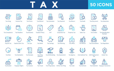 Tax icons set with tax filing, income tax, tax forms, tax refund, tax calculator, tax payment, tax return, tax audit, tax document, tax deduction icon. Simple outline color vector 
