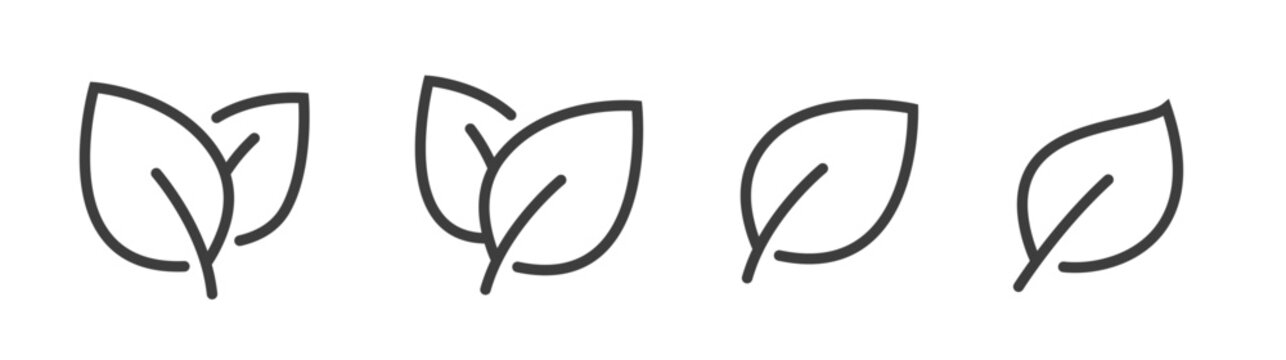 Leaf icon line stroke outline art modern organic logo vector, leaves sprout plant thin linear pictogram, vegan herb eco branch for natural food label sticker set, foliage sign symbol shape silhouette
