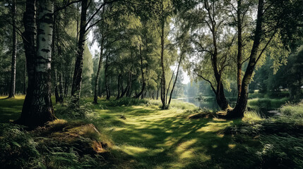 Obraz premium Green birch grove in summer, sunlight filtering through leaves, dappled shadows on grass, peaceful and natural environment