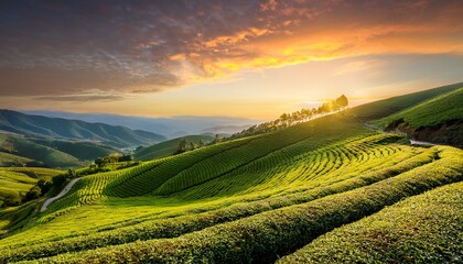 A calm hillside covered in lush green tea bushes under a soft golden sky