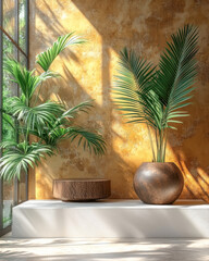 Obraz premium Natural wood podium with tropical plants in sunlit setting