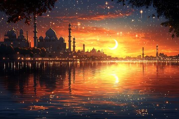 Silhouetted mosques at sunset, reflected on a shimmering river.