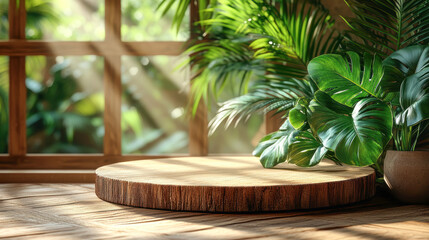 Fototapeta premium Wooden Podium with Tropical Plants by Window in Natural Sunlight