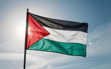 High-resolution closeup shot of Palestine national flag isolated on white background with detailed fabric texture featuring black white green stripes and red triangle symbolizing national identity, re
