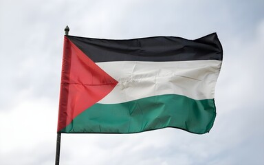 High-resolution closeup shot of Palestine national flag isolated on white background with detailed fabric texture featuring black white green stripes and red triangle symbolizing national identity, re