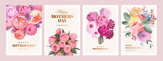 Happy mother's day greeting card set. Mother day poster, web banner design template with hand drawn bouquet of flowers. Elegant floral background collection. Vector illustration