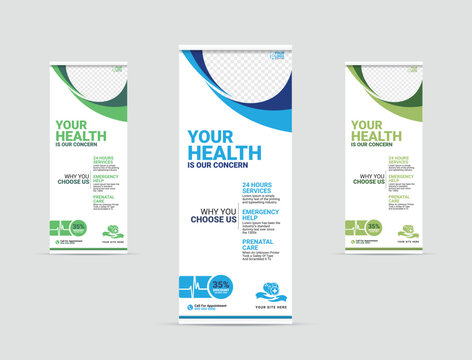 Professional health care and medical roll up design, standee and banner template decoration for exhibition, printing and presentation creative template design.	
