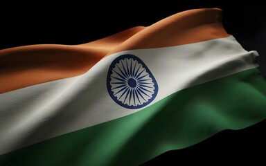High-resolution closeup shot of India national flag isolated on white background showing detailed fabric texture, vibrant saffron white green tricolor, and Ashoka Chakra symbol for patriotic and desig