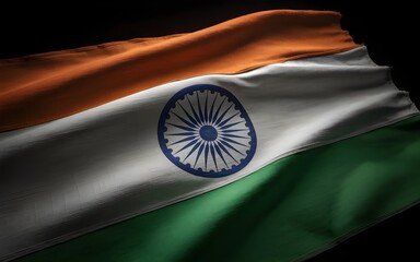High-resolution closeup shot of India national flag isolated on white background showing detailed fabric texture, vibrant saffron white green tricolor, and Ashoka Chakra symbol for patriotic and desig