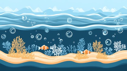 Underwater pixelated world featuring coral reefs fishes bubbles and ocean backdrop a retro gaming vibe for a fun whimsical design element