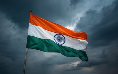 High-resolution closeup shot of India national flag isolated on white background showing detailed fabric texture, vibrant saffron white green tricolor, and Ashoka Chakra symbol for patriotic and desig