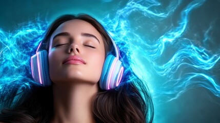 Woman is wearing headphones and appears to be listening to music. The image has a calming and relaxing mood, as the woman is in a peaceful state while listening to her music