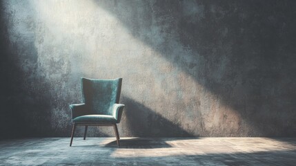 Single chair in spotlight against textured concrete wall