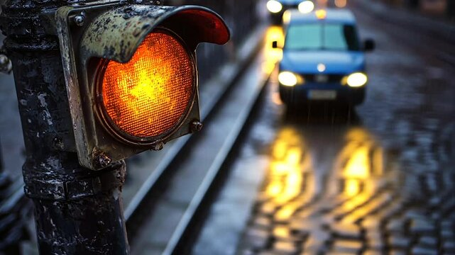 Amber traffic light on a rain-slicked cobblestone street