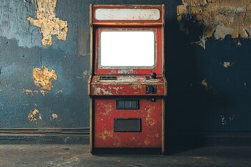 Old arcade machine with blank screen in rundown room