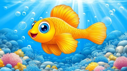 Fototapeta premium Playful cartoon golden fish swimming through a sunlit ocean surrounded by colorful coral reefs and bubbles creating a whimsical underwater scene