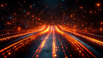 Obraz premium Futuristic highway of orange light streaks through a starlit night sky.