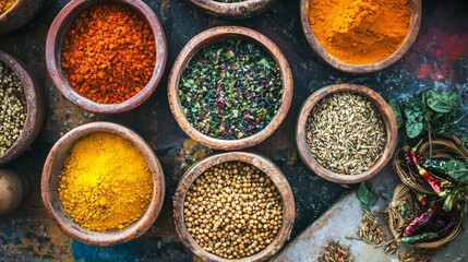 Fototapeta premium Spice assortment in wooden bowls on dark background