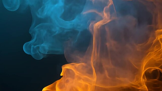 Abstract swirling blue and orange smoke on black background