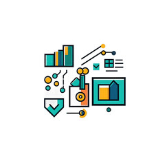 Abstract geometric design featuring colorful shapes and symbols representing technology, data analysis, and digital communication , isolated on white or transparent png