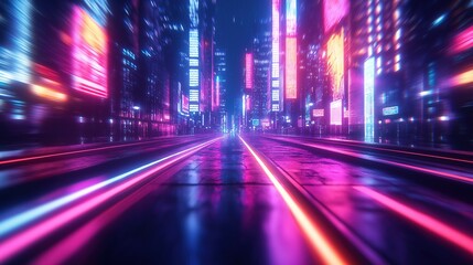 Neon lights dance in the urban night, a vibrant symphony of colors and reflections