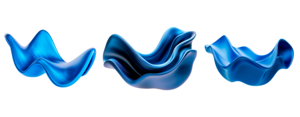 Set of abstract 3D shape with vibrant blue hues, featuring smooth, flowing lines and wave isolated on transparent background