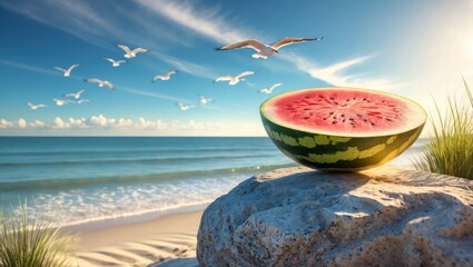 Watermelon on Beach with Seagulls and Sunshine