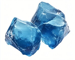 Obraz premium Two large translucent blue ice cubes isolated on white background perfect for drinks and refreshment