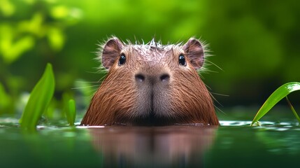 Fototapeta premium Brown capybara is swimming in a body of water. The animal has a curious expression on its face